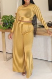White Casual Striped Print O Neck Long Sleeve Crop Tops And Wide Leg Pants Vacation Two Pieces Trouser Sets