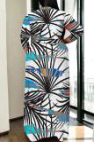 Beige Casual Graphics Print V Neck 3/4 Sleeve Lace Up Floor Length Plus Size Maxi Dresses