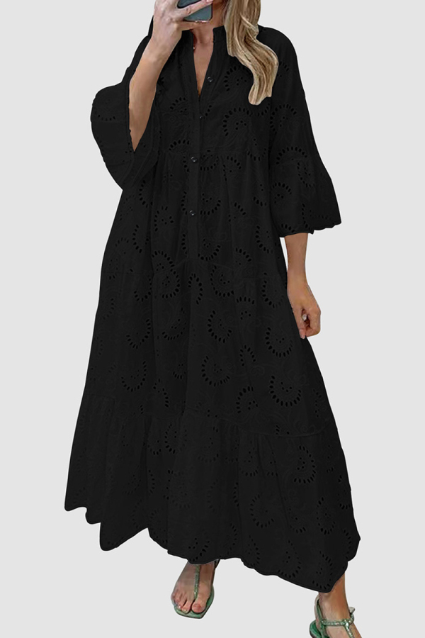 Casual Lace Print V Neck 3/4 Sleeve Hollow Out Buckle Long Plus Size Vacation A Line Maxi Dresses