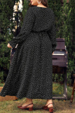 Red Polka Dot Print O Neck Flare Sleeve Belted Long Casual Vacation Cinch Waist Plus Size A Line Maxi Dresses