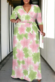 Beige Casual Graphics Print V Neck 3/4 Sleeve Lace Up Floor Length Plus Size Maxi Dresses