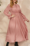 Red Polka Dot Print O Neck Flare Sleeve Belted Long Casual Vacation Cinch Waist Plus Size A Line Maxi Dresses