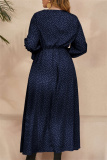 Red Polka Dot Print O Neck Flare Sleeve Belted Long Casual Vacation Cinch Waist Plus Size A Line Maxi Dresses