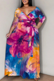 Beige Casual Graphics Print V Neck 3/4 Sleeve Lace Up Floor Length Plus Size Maxi Dresses