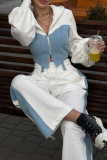 White Zipper Hooded Long Sleeve Crop Jackets And Wide Leg Pants Street Sportswear Two Pieces Sweatsuit Sets