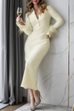Light Yellow Feathers Turndown Collar Long SleeveF ormal Party Evening Long Bodycon Sweater Maxi Dress