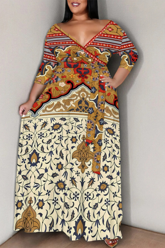 Beige Casual Graphics Print V Neck 3/4 Sleeve Lace Up Floor Length Plus Size Maxi Dresses