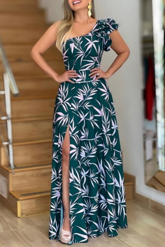 Multicolor Casual Floral Print Oblique Collar Single Sleeve Side Slit Long Vacation Maxi Dresses