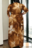 Beige Casual Graphics Print V Neck 3/4 Sleeve Lace Up Floor Length Plus Size Maxi Dresses