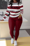 Red Stripe Print O Neck Short Sleeve Tops And Skinny Pants Sportwear Casual Two Pieces Sweatpant Set