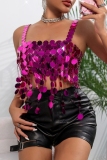 Hot Club Sequins Backless Sleeveless Fringed Trim Cami Crop Tops