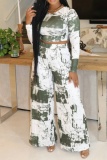 White Casual Striped Print O Neck Long Sleeve Crop Tops And Wide Leg Pants Vacation Two Pieces Trouser Sets