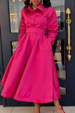 Rose Red Turndown Collar Long Sleeve Pocket Buckle Cinch Waist Long Formal Office Lady Vacation Pleated Maxi Dresses