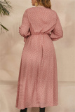 Red Polka Dot Print O Neck Flare Sleeve Belted Long Casual Vacation Cinch Waist Plus Size A Line Maxi Dresses