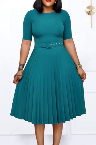 Dark Blue O Neck Short Sleeve With Belt Formal Party Office Lady Pleated A Line Midi Dress Dark Blue O Neck Short Sleeve With Belt Formal Party Office Lady Pleated A Line Midi Dress