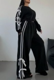 Black Casual Stripe Print Bow Decor O Neck Long Sleeve Crop Sweatshirt And Wide Leg Pants Two Pieces Trouser Sets