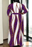 Beige Casual Graphics Print V Neck 3/4 Sleeve Lace Up Floor Length Plus Size Maxi Dresses