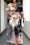 Beige Casual Graphics Print V Neck 3/4 Sleeve Lace Up Floor Length Plus Size Maxi Dresses