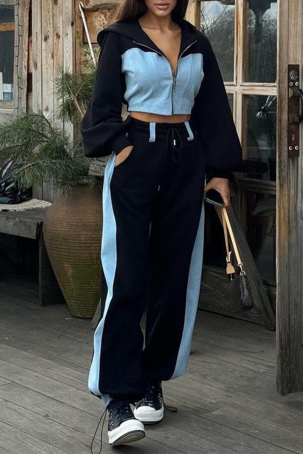 White Zipper Hooded Long Sleeve Crop Jackets And Wide Leg Pants Street Sportswear Two Pieces Sweatsuit Sets