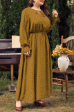 Red Polka Dot Print O Neck Flare Sleeve Belted Long Casual Vacation Cinch Waist Plus Size A Line Maxi Dresses