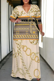 Beige Casual Graphics Print V Neck 3/4 Sleeve Lace Up Floor Length Plus Size Maxi Dresses