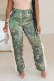 Camouflage Casual Print Buttons Zipper Fringed Trim Loose Mid Waist Skinny Pants