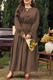 Red Polka Dot Print O Neck Flare Sleeve Belted Long Casual Vacation Cinch Waist Plus Size A Line Maxi Dresses