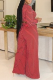White Casual Striped Print O Neck Long Sleeve Crop Tops And Wide Leg Pants Vacation Two Pieces Trouser Sets