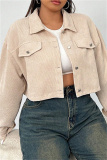 Apricot Casual Turndown Collar Long Sleeve Cardigan Plus Size Crop Jackets