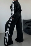 Black Casual Stripe Print Bow Decor O Neck Long Sleeve Crop Sweatshirt And Wide Leg Pants Two Pieces Trouser Sets