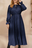 Red Polka Dot Print O Neck Flare Sleeve Belted Long Casual Vacation Cinch Waist Plus Size A Line Maxi Dresses