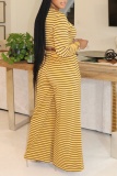 White Casual Striped Print O Neck Long Sleeve Crop Tops And Wide Leg Pants Vacation Two Pieces Trouser Sets