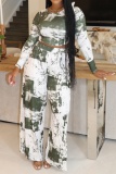 White Casual Striped Print O Neck Long Sleeve Crop Tops And Wide Leg Pants Vacation Two Pieces Trouser Sets