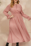 Red Polka Dot Print O Neck Flare Sleeve Belted Long Casual Vacation Cinch Waist Plus Size A Line Maxi Dresses
