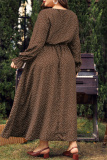 Red Polka Dot Print O Neck Flare Sleeve Belted Long Casual Vacation Cinch Waist Plus Size A Line Maxi Dresses