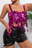 Hot Club Sequins Backless Sleeveless Fringed Trim Cami Crop Tops