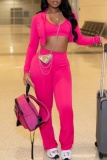 Rose Red Casual Tank Crop Tops Cover Up Long Sleeve Jackets And Skinny Pants Three Piece Trouser Sets Set