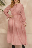Red Polka Dot Print O Neck Flare Sleeve Belted Long Casual Vacation Cinch Waist Plus Size A Line Maxi Dresses