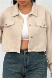 Apricot Casual Turndown Collar Long Sleeve Cardigan Plus Size Crop Jackets
