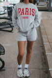 Grey Casual Letter Print O Neck Long Sleeve Fall Winter Sweatshirt And Shorts Two Pieces Shorts Sets