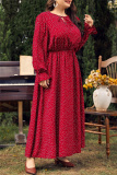 Red Polka Dot Print O Neck Flare Sleeve Belted Long Casual Vacation Cinch Waist Plus Size A Line Maxi Dresses