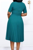 Dark Blue O Neck Short Sleeve With Belt Formal Party Office Lady Pleated A Line Midi Dress