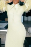 Light Yellow Feathers Turndown Collar Long SleeveF ormal Party Evening Long Bodycon Sweater Maxi Dress