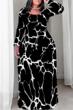 Red Graphcis Print V Neck Long Sleeve Floor Length Loose Fit Straight Maxi Dress