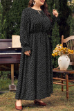 Red Polka Dot Print O Neck Flare Sleeve Belted Long Casual Vacation Cinch Waist Plus Size A Line Maxi Dresses