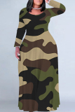 Red Graphcis Print V Neck Long Sleeve Floor Length Loose Fit Straight Maxi Dress