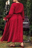 Red Polka Dot Print O Neck Flare Sleeve Belted Long Casual Vacation Cinch Waist Plus Size A Line Maxi Dresses