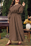 Red Polka Dot Print O Neck Flare Sleeve Belted Long Casual Vacation Cinch Waist Plus Size A Line Maxi Dresses