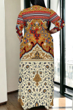 Beige Casual Graphics Print V Neck 3/4 Sleeve Lace Up Floor Length Plus Size Maxi Dresses