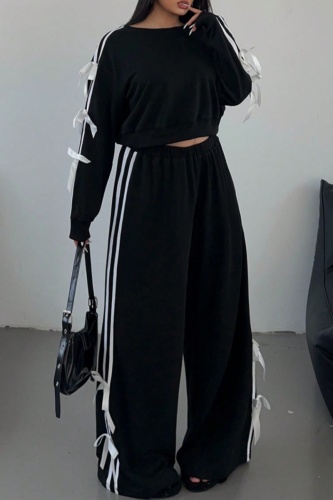 Black Casual Stripe Print Bow Decor O Neck Long Sleeve Crop Sweatshirt And Wide Leg Pants Two Pieces Trouser Sets